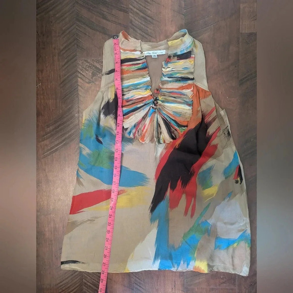Blue Tassel Tan Silk Blouse, US XS - Picture 5 of 6